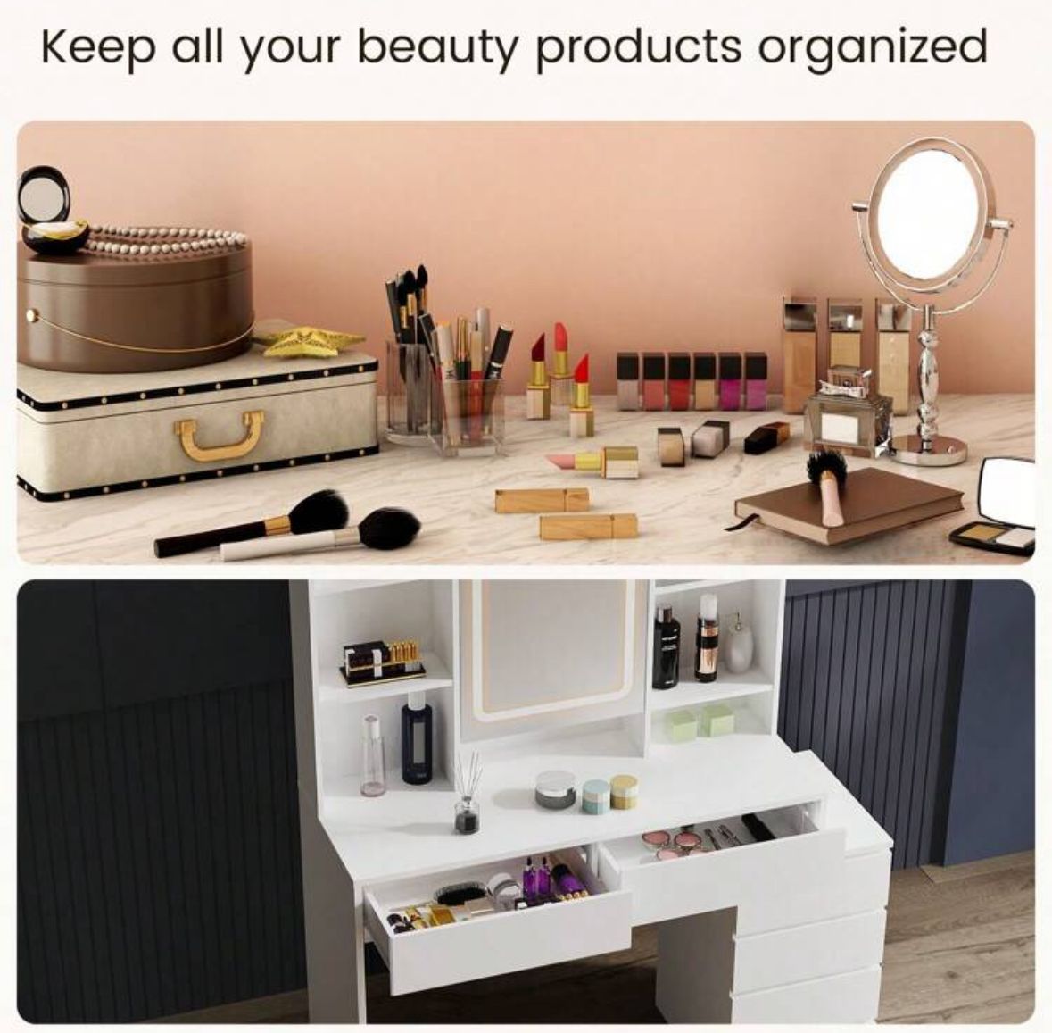 Large Vanity Desk Dressing Table With LED Lights, 3 Light Colours, Adjustable Brightness, Vanity Desk With Mirror