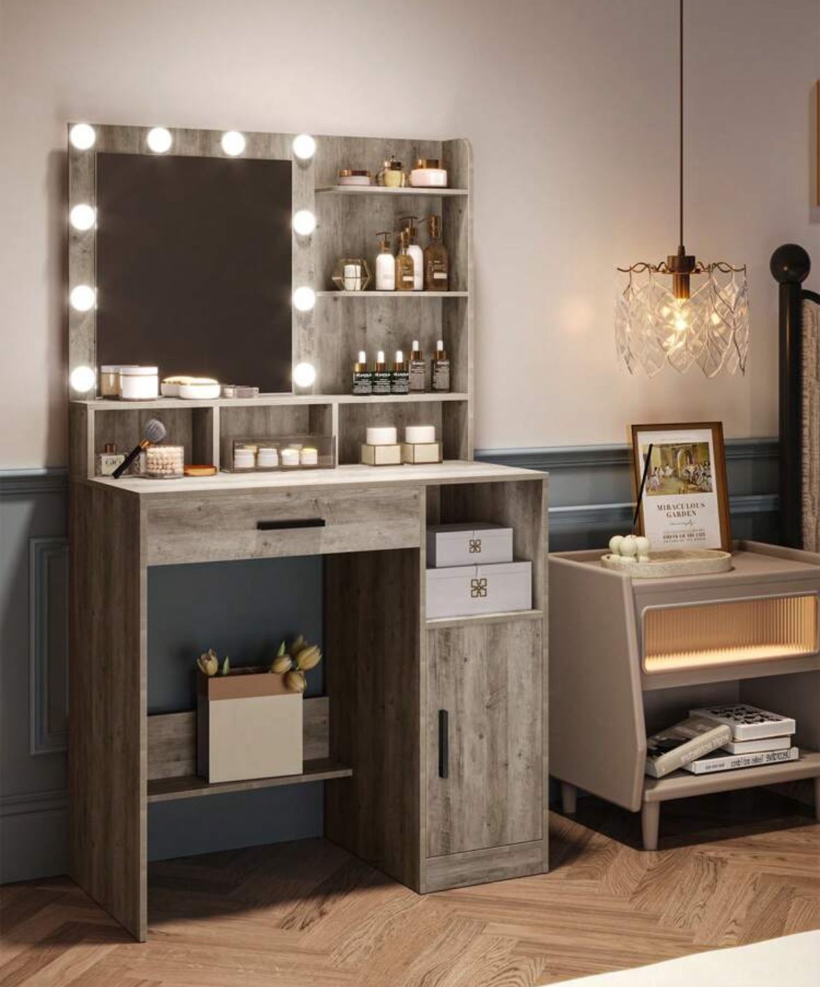 Dressing Table With Mirror And 10 LED Lights, Makeup Vanity With 3 Shelves