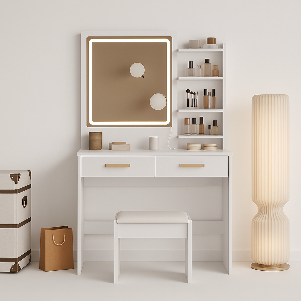 Dressing Table With Adjustable LED Lights, Rechargeable AC Socket And USB Port, Vanity Makeup With Dressing Stool
