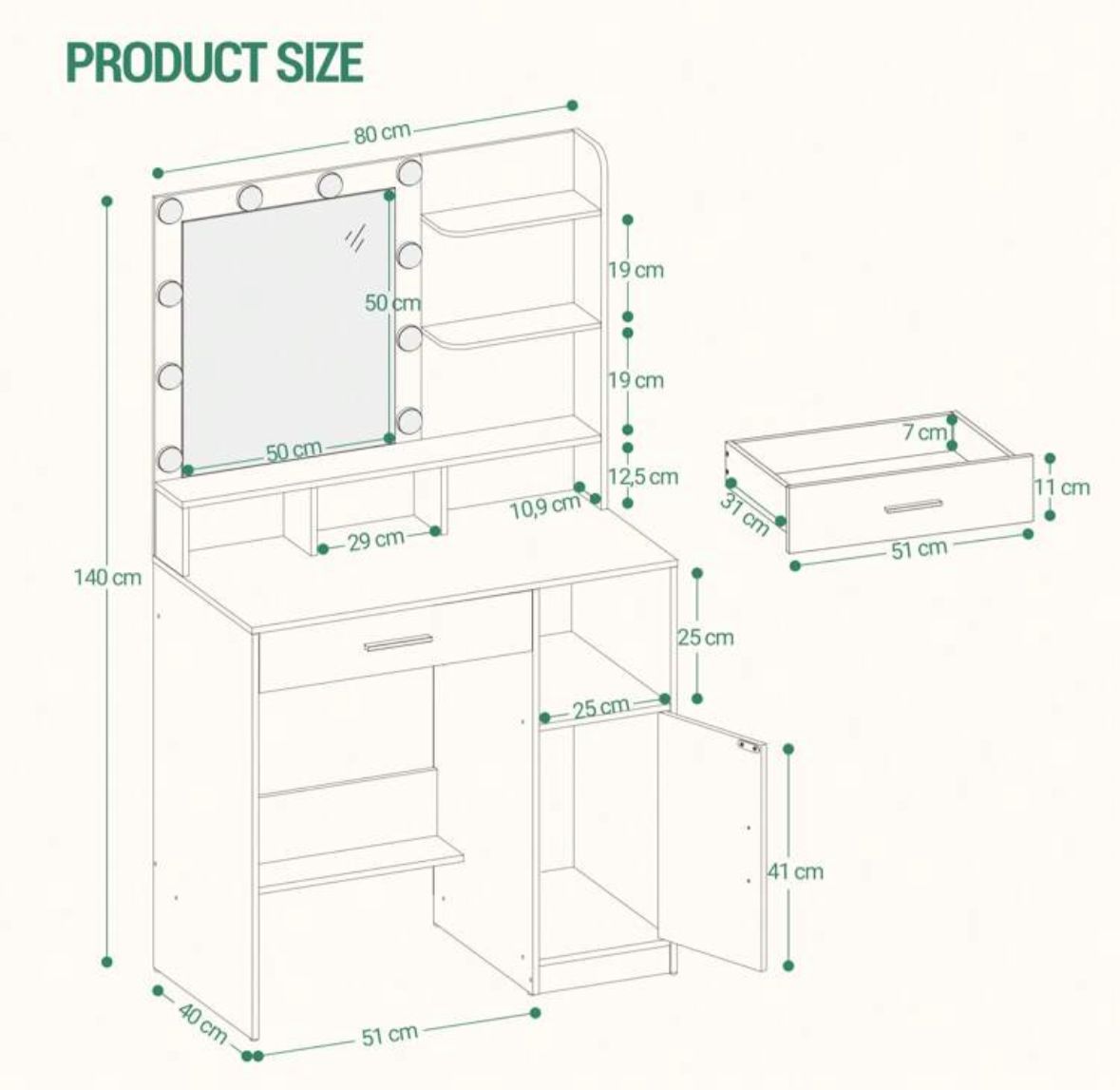 Dressing Table With Mirror And 10 LED Lights, Makeup Vanity With 3 Shelves