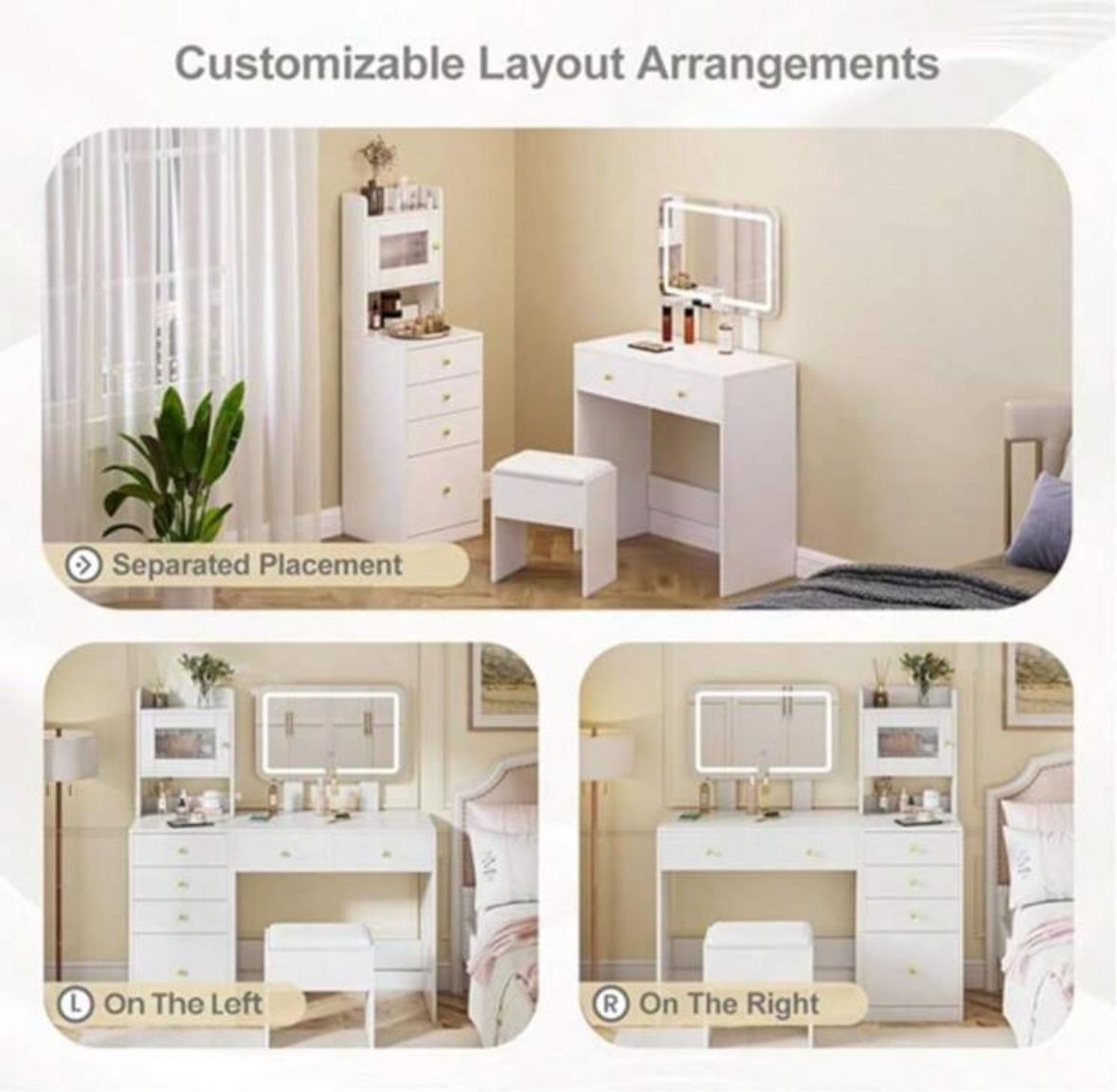 White Dressing Table With Mirror And Stool, Vanity Desk With Height Adjustable Lighted Mirror, Makeup Table With 6 Drawers