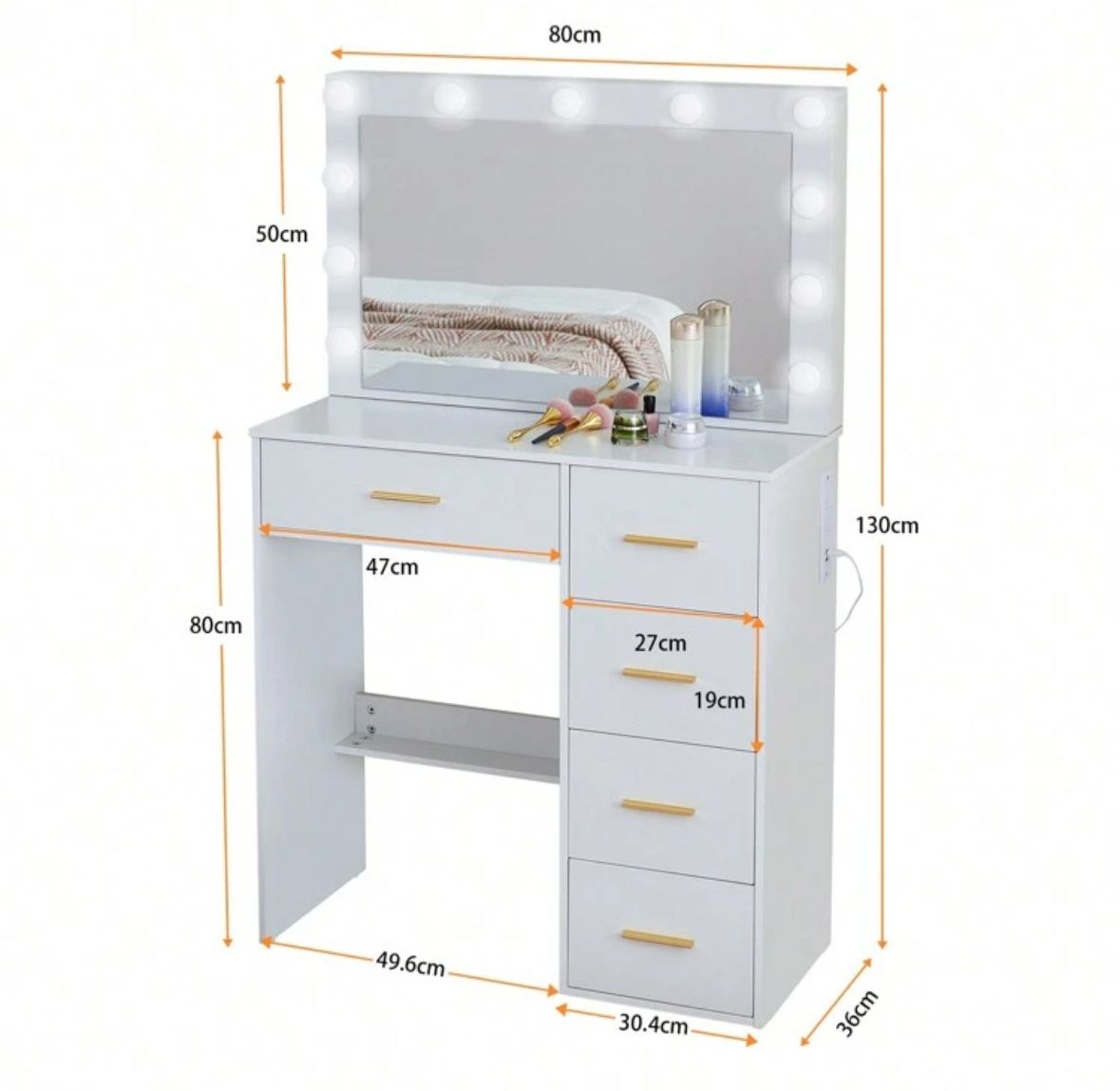 5-Drawers Vanity Table Set W/ Charging Station LED Mirror Makeup Desk Modern