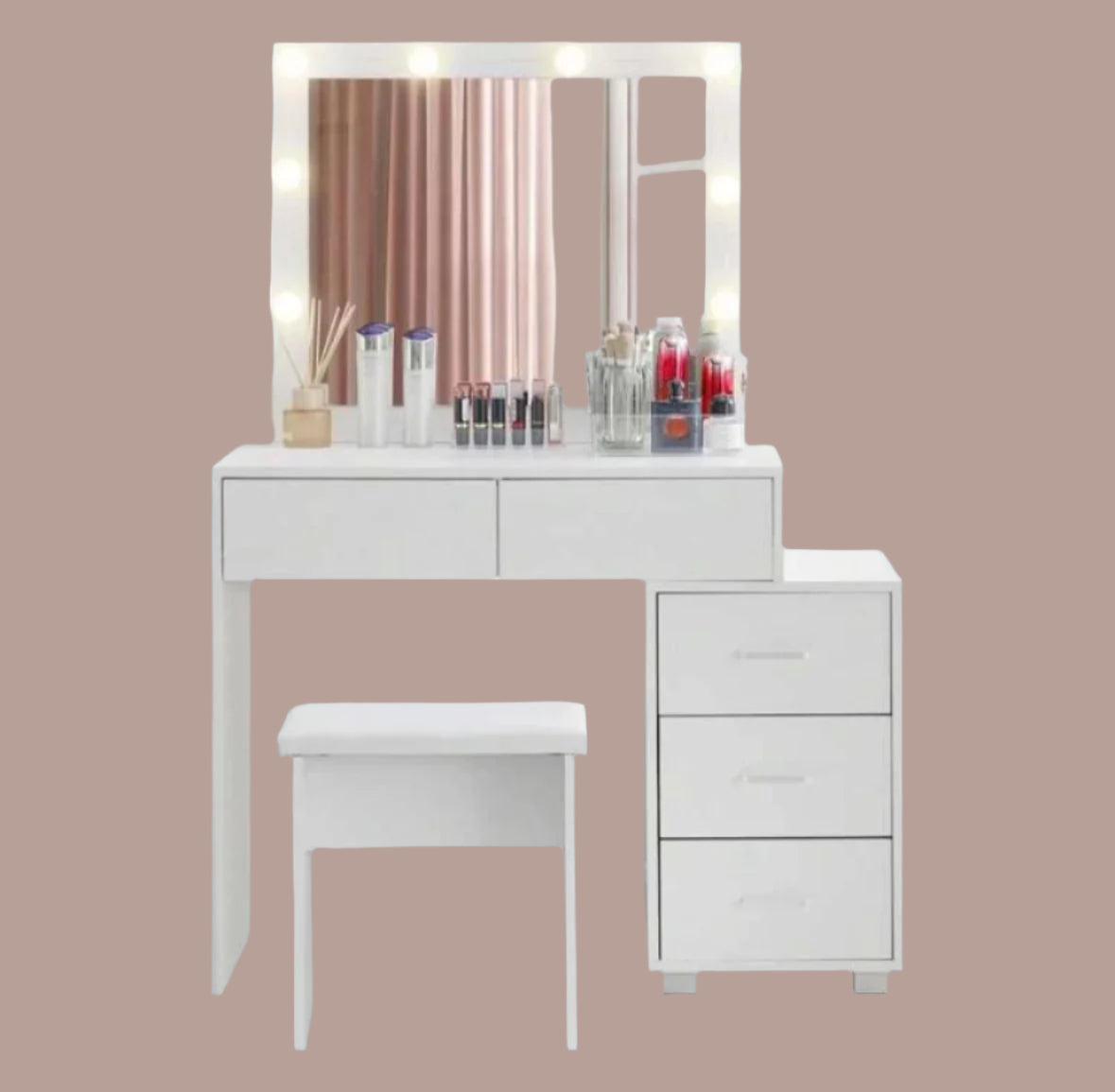 Dressing Table And Stool, 5 Drawers Vanity Table Adjustable Brightness Mirror
