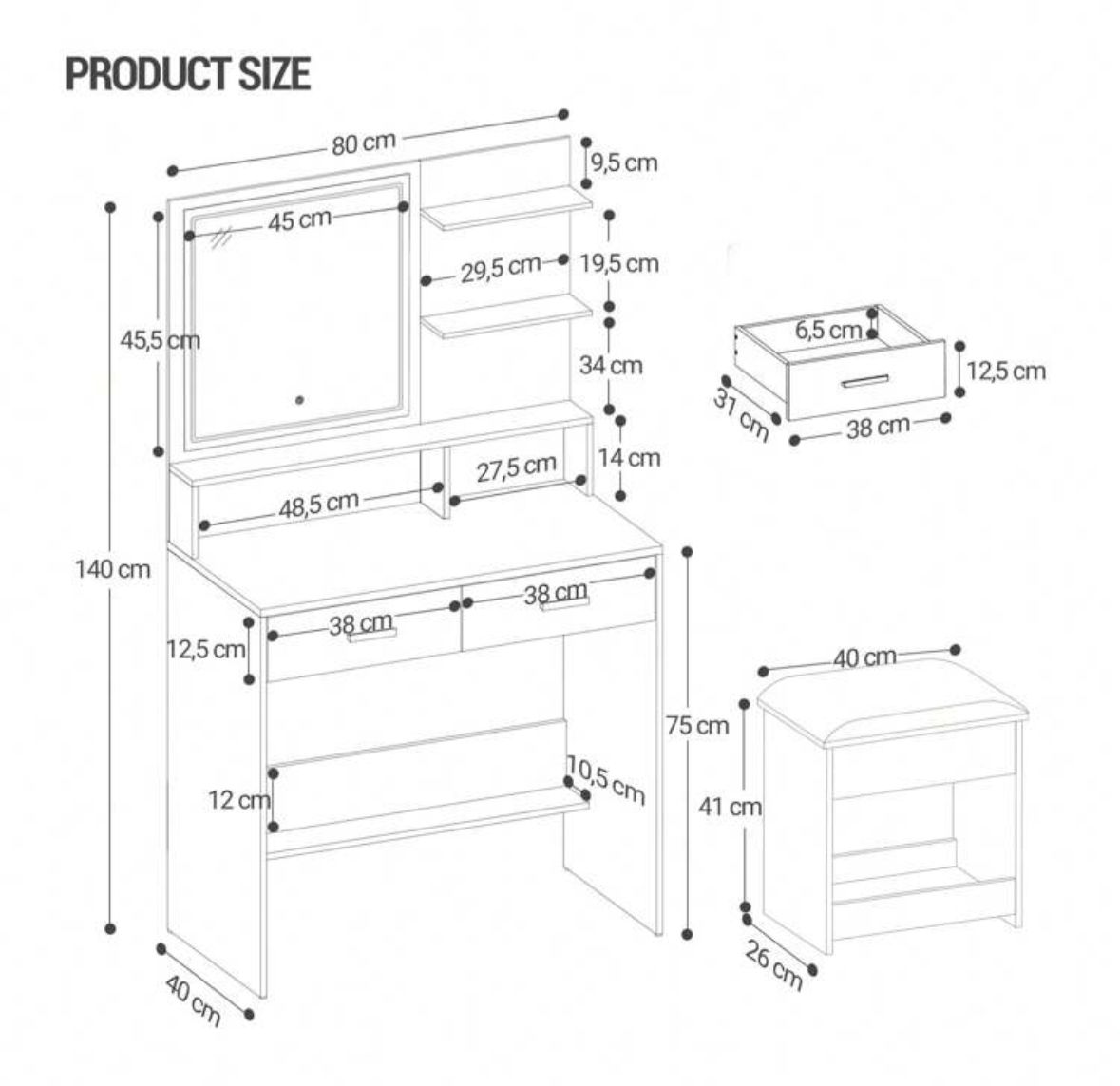 Dressing Table With Adjustable LED Lights, Rechargeable AC Socket And USB Port, Vanity Makeup With Dressing Stool