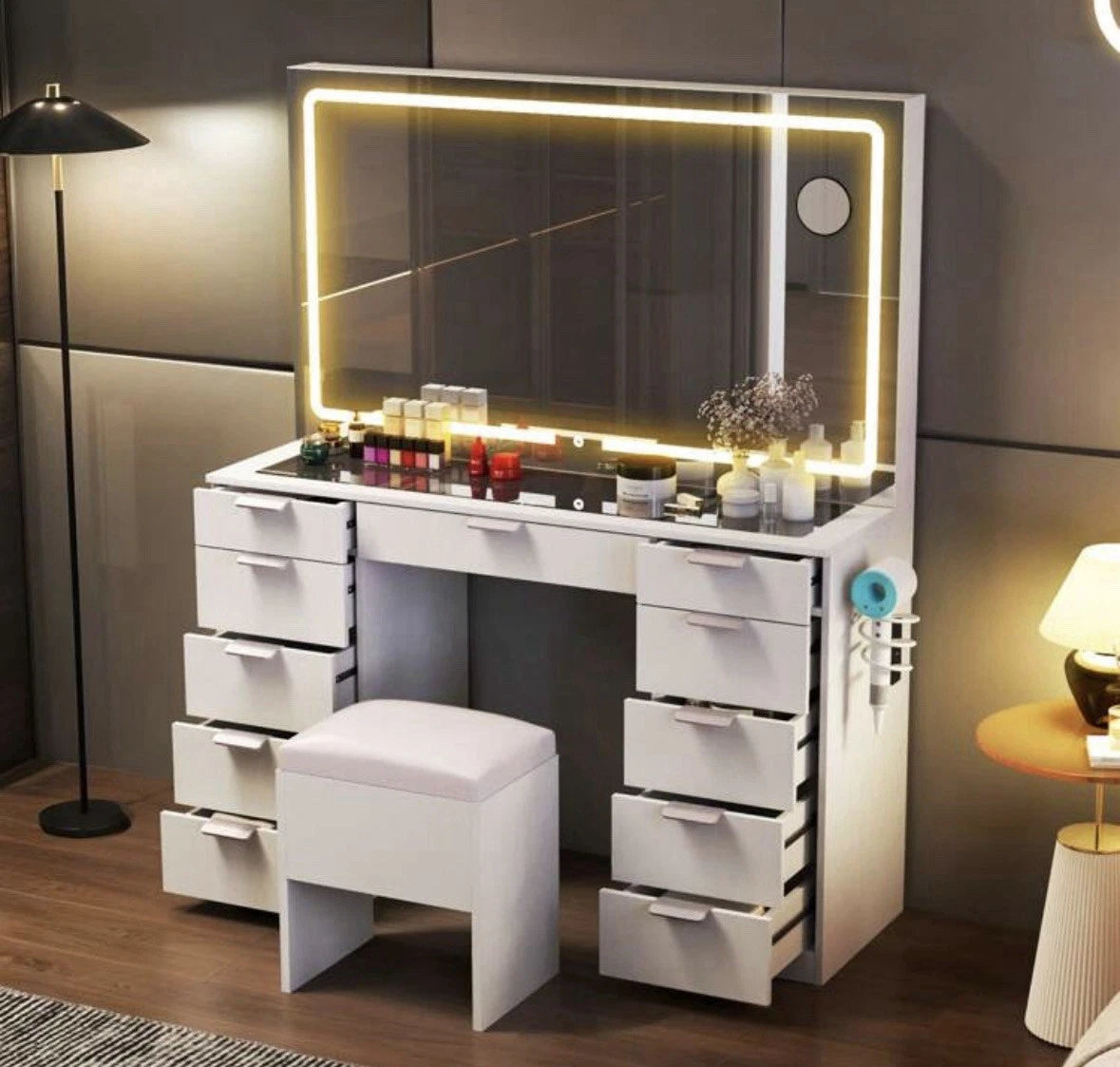 Dressing Table With LED ,Glass Top Bedroom Vanity Table, 11 Drawers,White