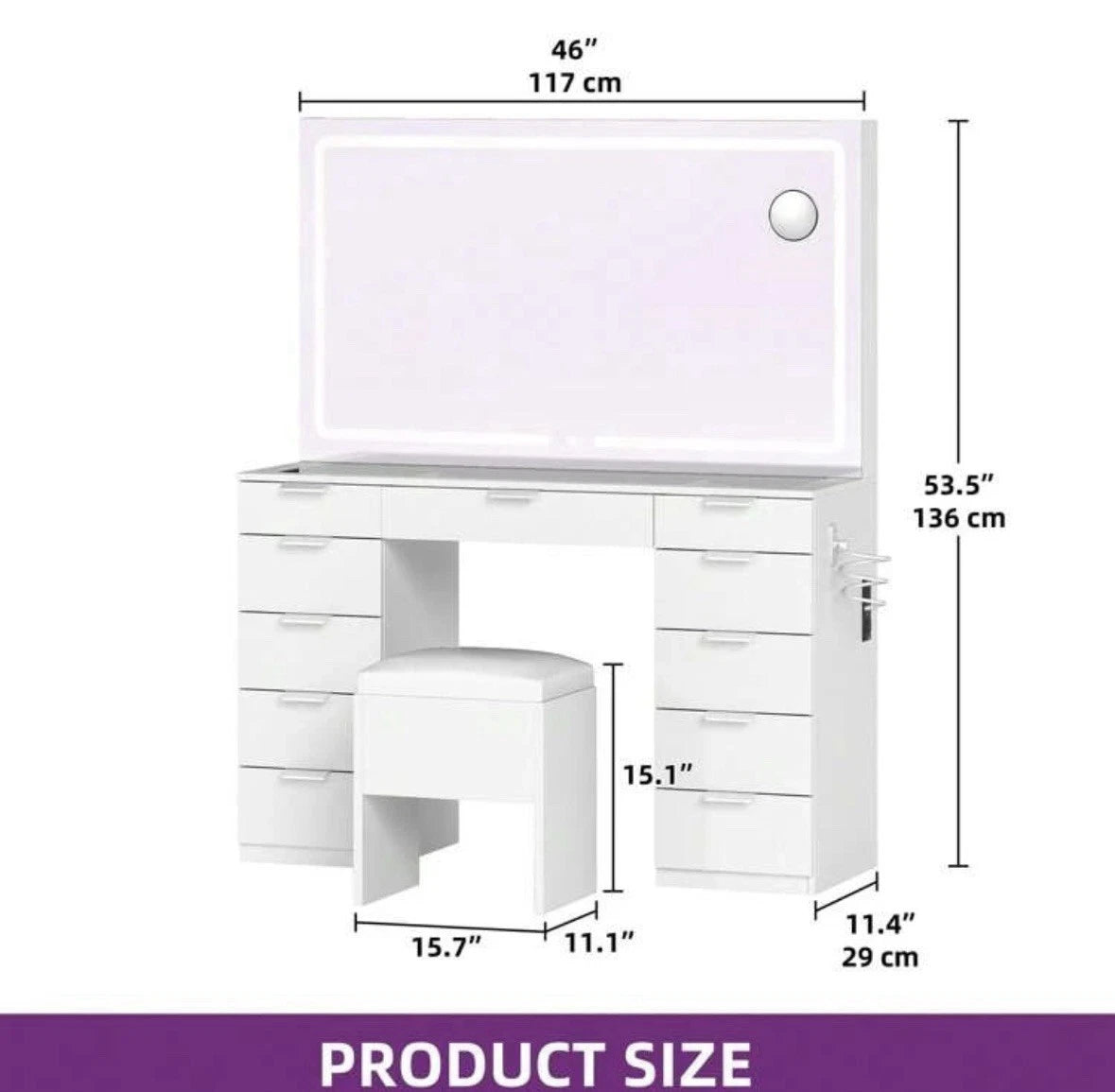 Dressing Table With LED ,Glass Top Bedroom Vanity Table, 11 Drawers,White