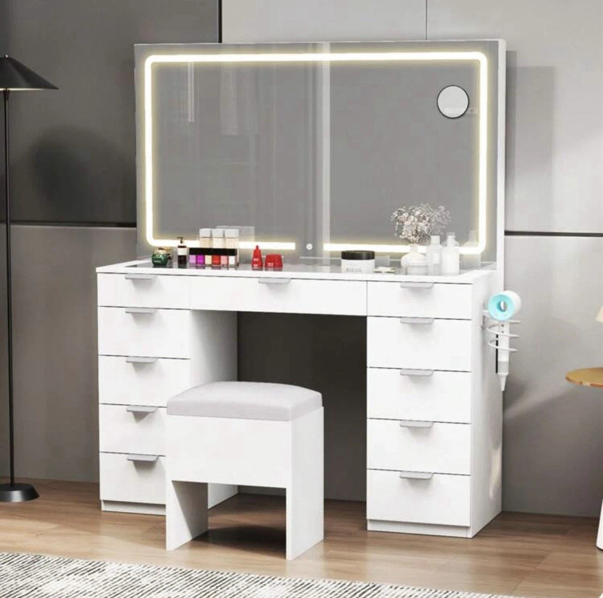 Dressing Table With LED ,Glass Top Bedroom Vanity Table, 11 Drawers,White
