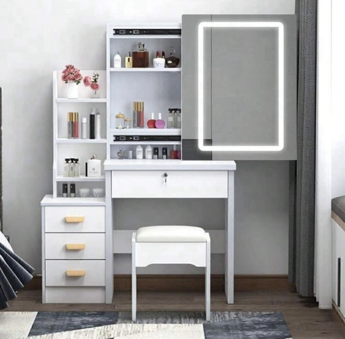 Dressing Table With LED Lighted Mirror And Stool, Vanity Makeup Table, 4 Drawer